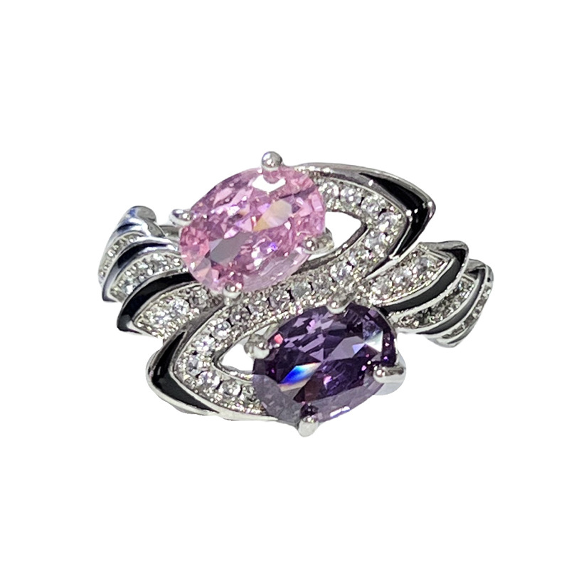 European and American sweet and cool pink, purple, diamond, twin stone, high-end, light luxury, open ring, women's niche flower, individual and elegant ring Item Picture