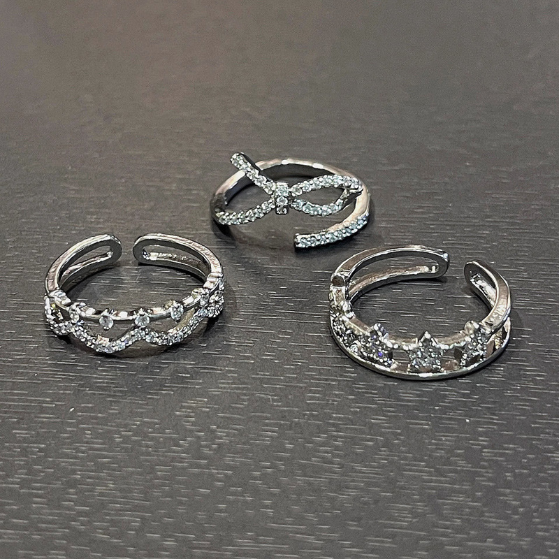 French-style small, light luxury and high-end open ring for women, simple and niche bow double wave star ring Specification drawing