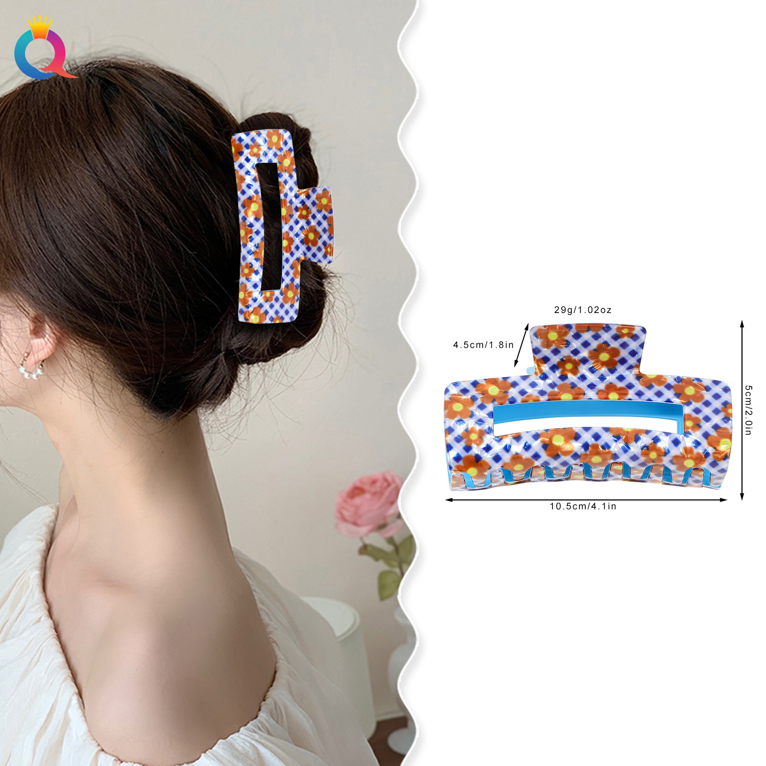 Wholesale of Qiyue printed PVC hair clips, acrylic grab clips, cute little flower bouquets, shark clips, hair clips and hair accessories details Picture