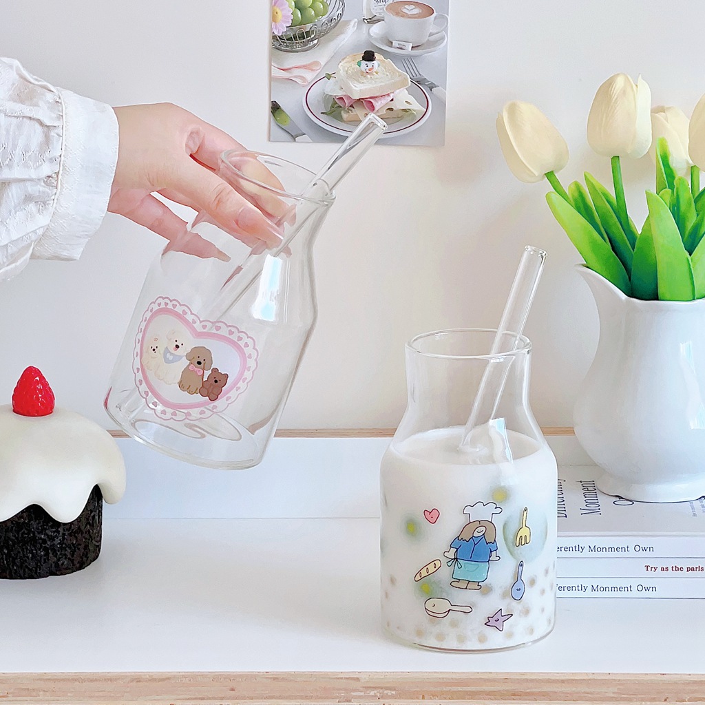 ins girlish heart glass cup, simple girls' juice cup, milk cup, coffee cup, cold brew glass bottle cup details Picture