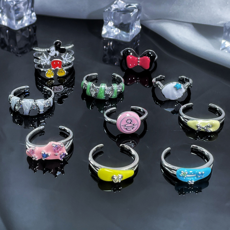 Sweet and cool colored drip glaze Mickey Mouse personalized open ring, women's light luxury high-end, versatile, elegant and niche design ring full figure
