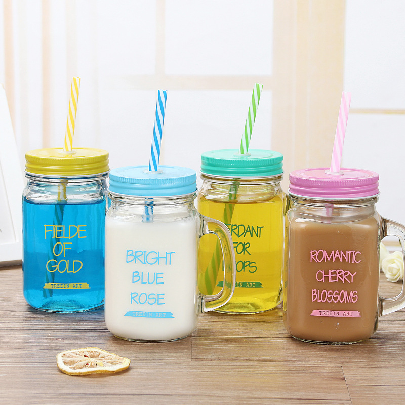 Creative straw cup, glass cup, English rooster cup, handle cup, milk tea bottle, beverage bottle, Mason cup with lid details Picture