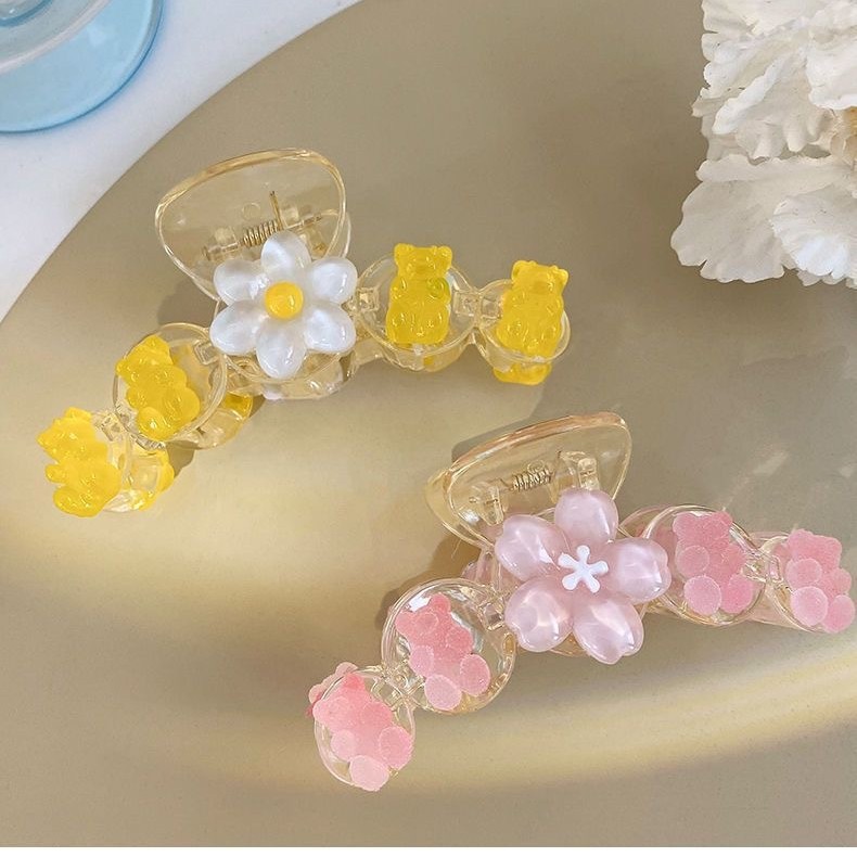 Sweet and cute cherry blossom bear transparent large grabber, high-end look, shark clip at the back of the head, hair clip, headwear for women Specification drawing