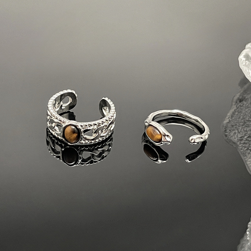 Korean version of Maillard Tiger's Eye open ring for women, adjustable, niche design, retro, fashionable, simple and versatile ring Specification drawing