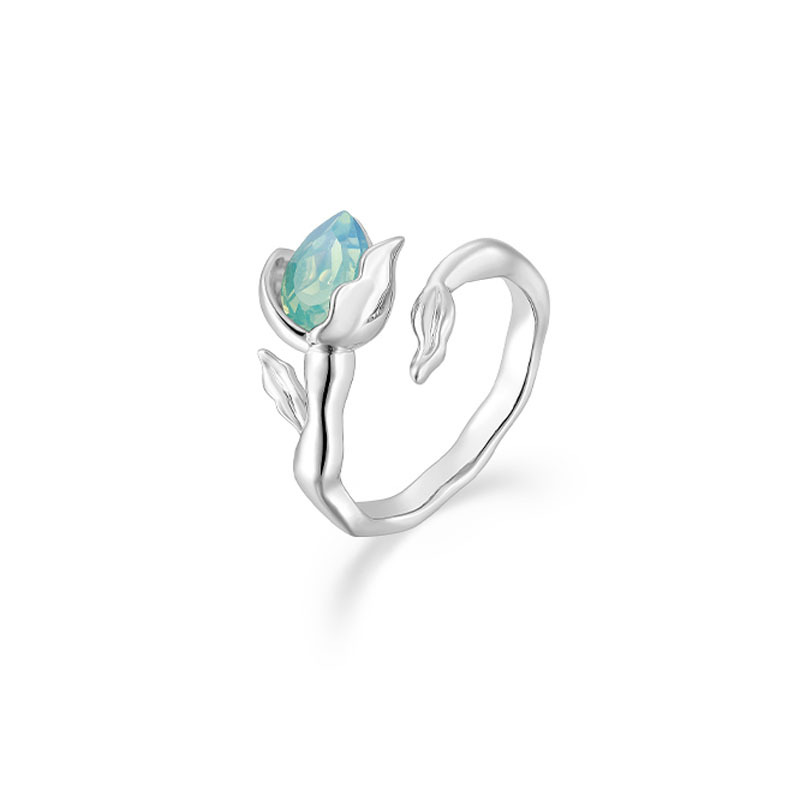ins Cold style tulip green diamond zircon open ring, a high-end, light luxury, individual and fashionable butterfly ring for women Item Picture