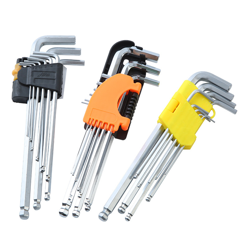 Ball head hex socket wrench set, nickel-plated flat head hex socket wrench, L-shaped manual wrench, hex socket wrench 9-piece set Item Picture