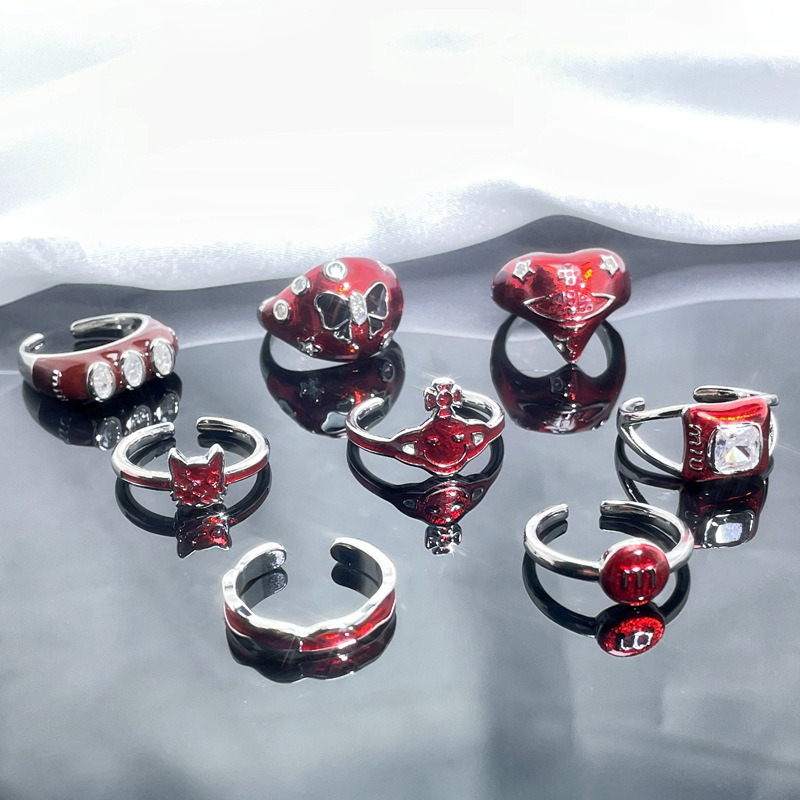 A light luxury and high-end New Year red drip glaze open ring for women, with an irregular and cold style, fashionable and sweet cool ring Specification drawing