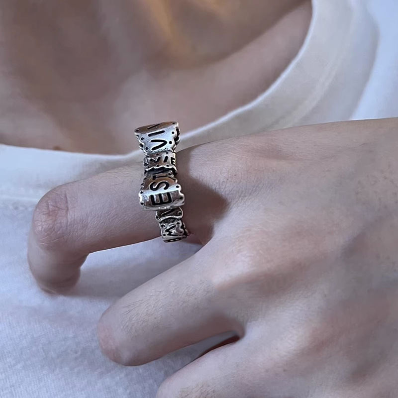 Retro aged letter personalized open ring for women, ins design sense, niche street style, punk hip-hop ring trend details Picture