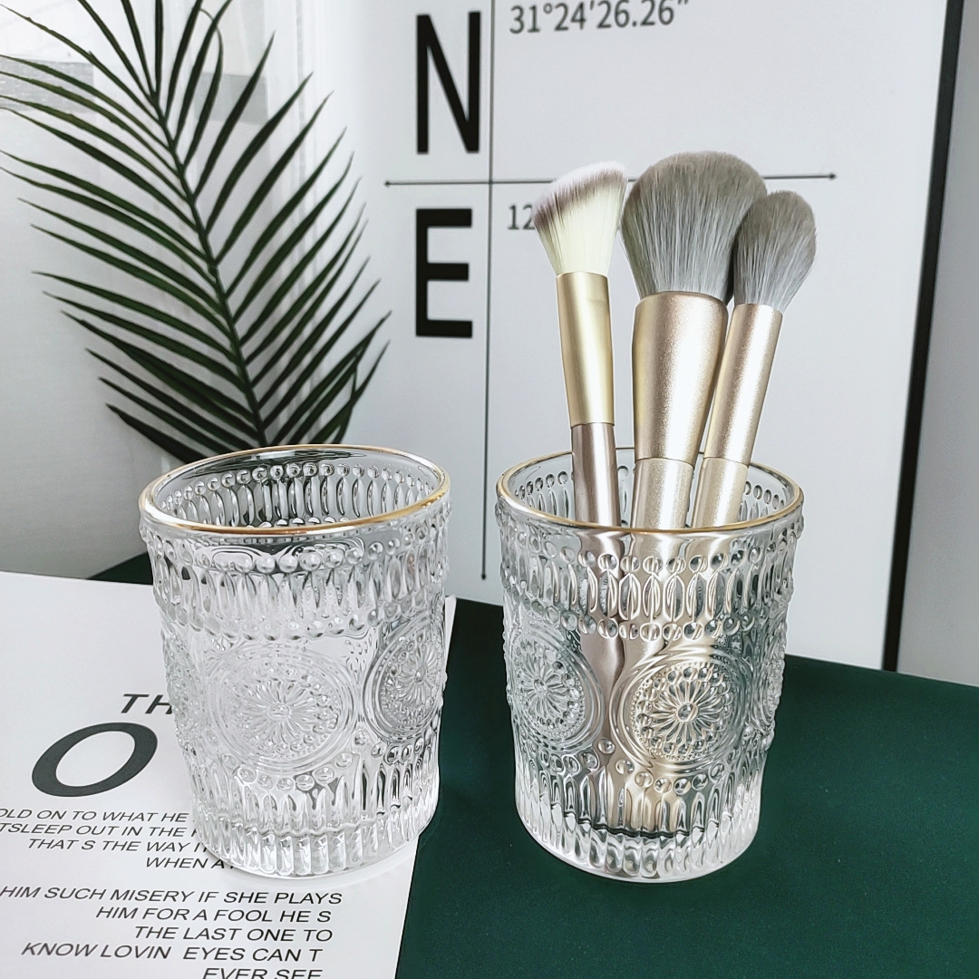 ins Noble embossed golden edge sunflower glass cup, makeup brush holder, desktop storage pen bucket, water cup, washing cup full figure