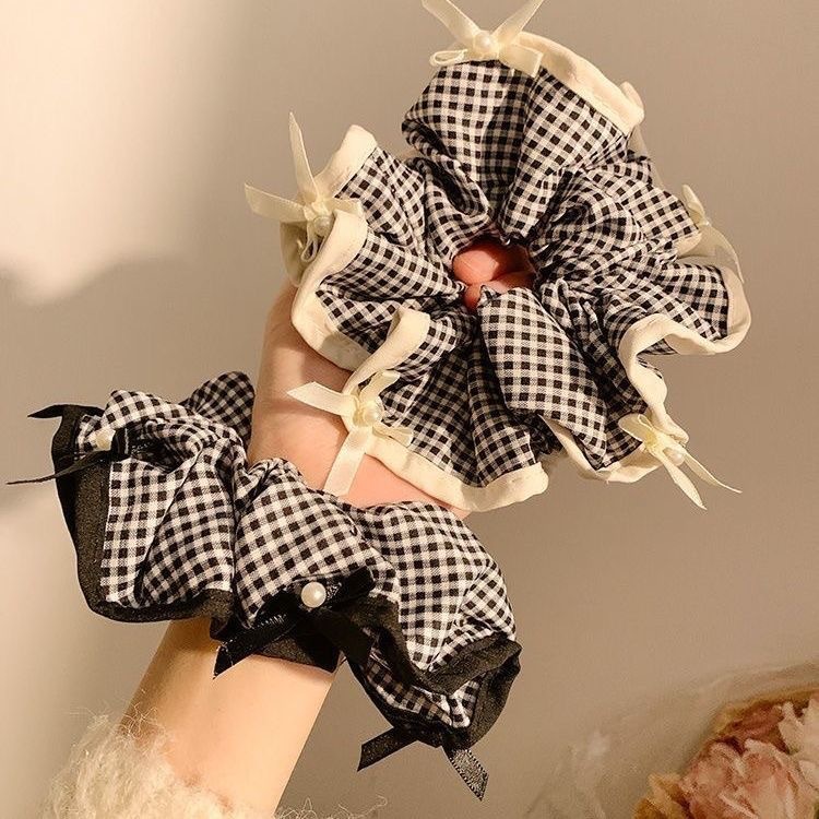 French black checkered pearl bow, large intestine hair band, high-end Korean style for women, ponytail hair tie, hair accessory details Picture