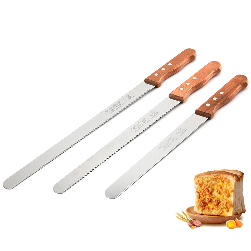 Stainless steel woodblock bread knives, cake spatulas, toast slicing knives and baking tools in stock full figure