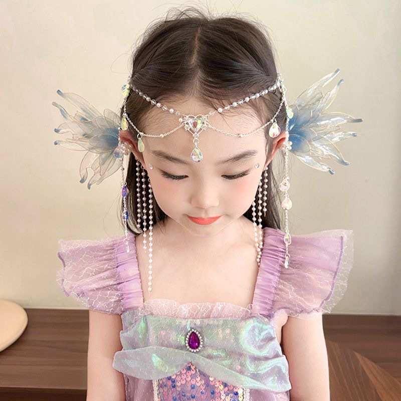 Children's mermaid princess with mermaids, ancient Hanfu, hair ornaments, forehead chains, and girl butterfly fairy earrings performance Specification drawing