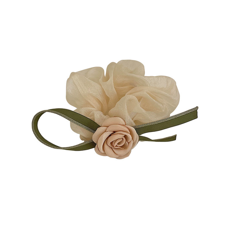 The 2025 new ribbon camellia large intestine hair band, with a floral charm, ponytail and leather band hair tie, is a high-end hair accessory Item Picture