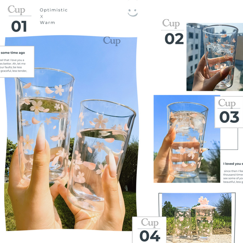 Wholesale of high-appearance-level cherry blossom double-layer glass cups with LIDS, household milk cups, heat-resistant transparent high borosilicate insulated water cups details Picture