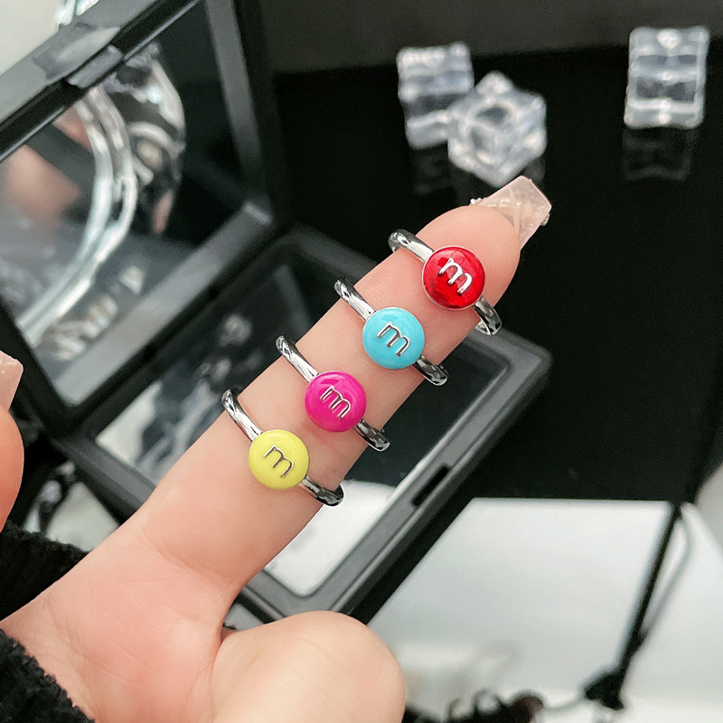 Letter candy-colored glazed M bean open ring, dopamine girl student personality and temperament simple and versatile ring details Picture