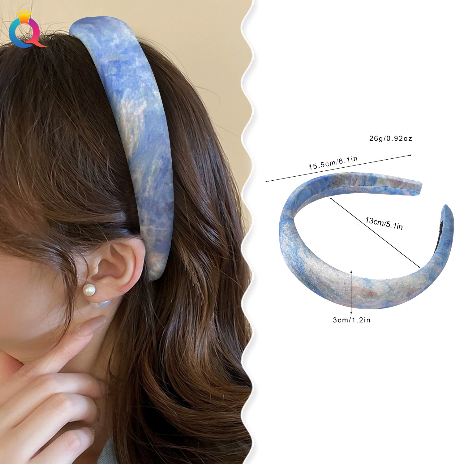 Wholesale of Qiyue New Chinese-style sponge hair bands, painted air quality headbands, high skull top tie-dye hair holes, and high-end hair accessories details Picture