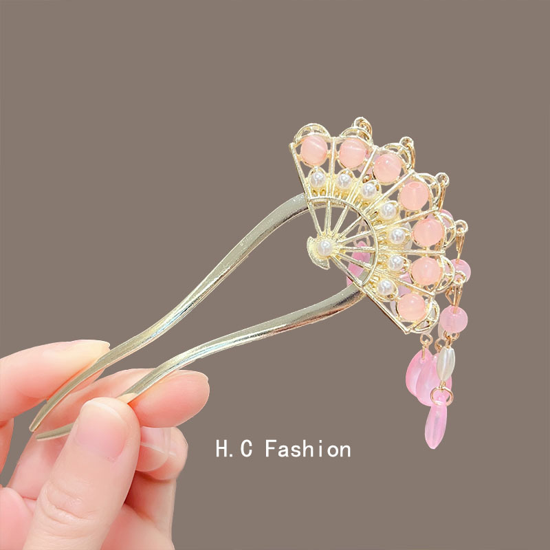 Ancient-style hollowed-out fan hairpins with a high-end feel, new Chinese-style tassel walking hairpins, Hanfu updo hair accessories and hairpins wholesale full figure