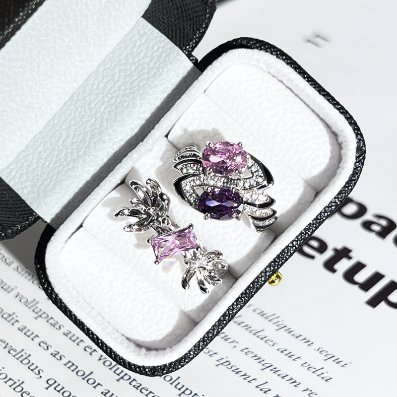 European and American sweet and cool pink, purple, diamond, twin stone, high-end, light luxury, open ring, women's niche flower, individual and elegant ring Specification drawing