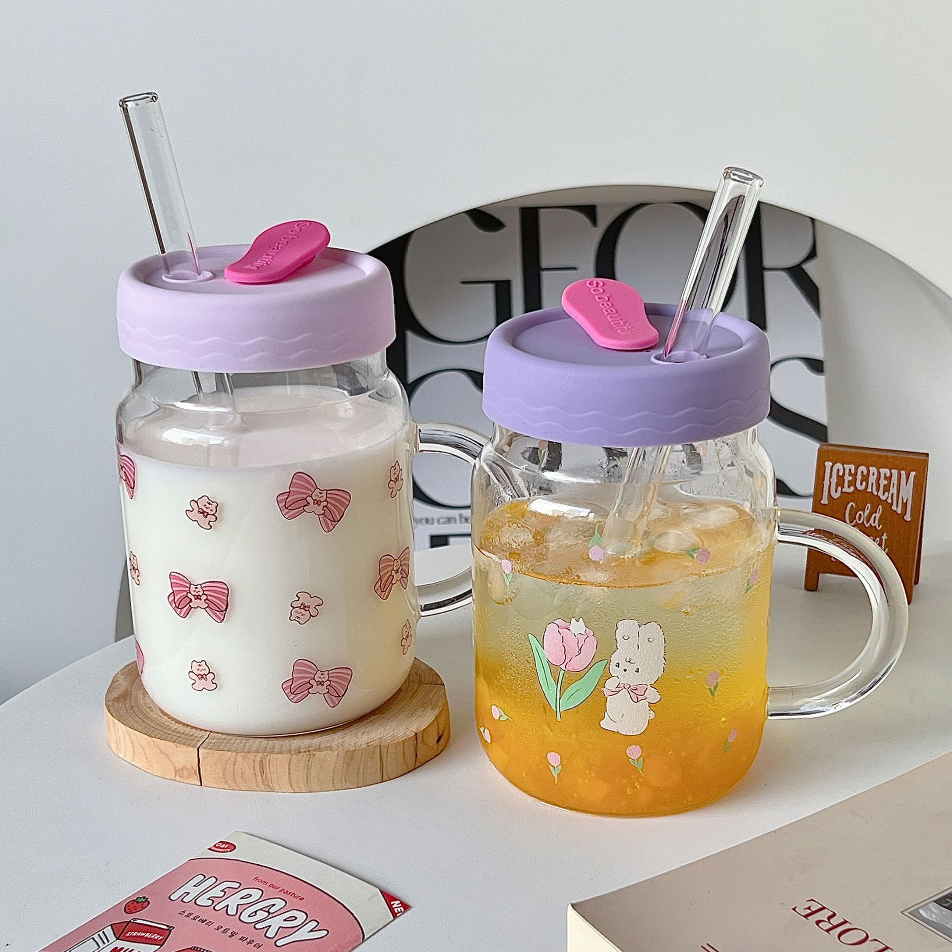 Boli Mei Korean InS-style high borosilicate heat-resistant glass straw cups, student drinking cups, glass cups wholesale full figure