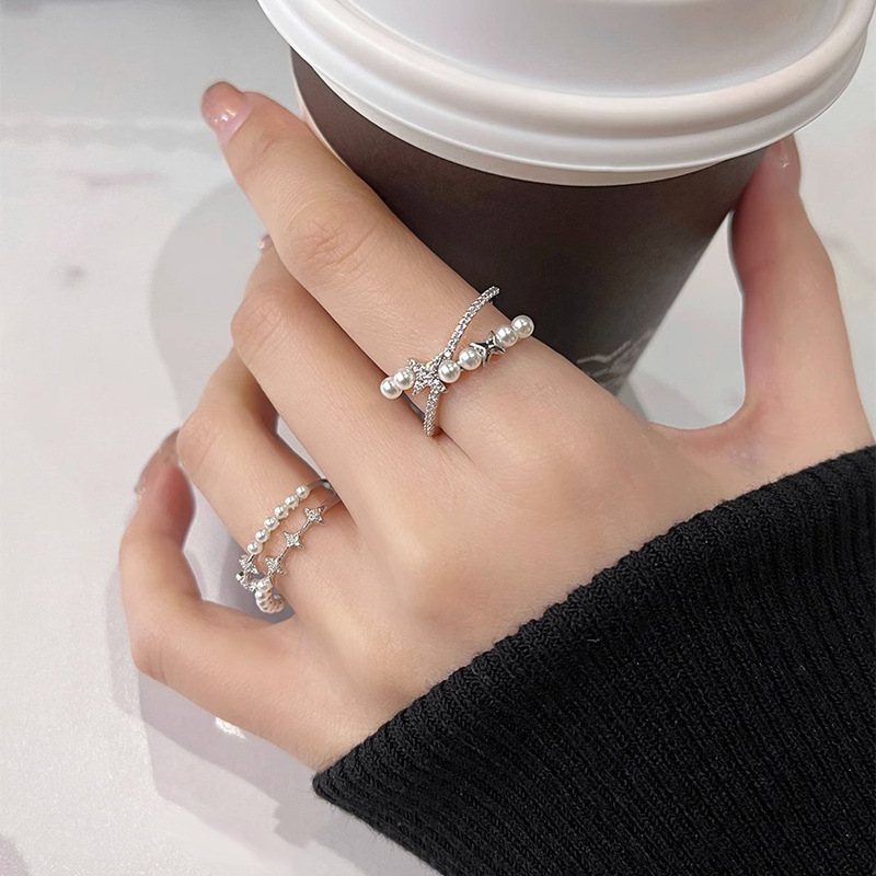 Sweet and cool, exquisite starlight pearl crossed double-layer open ring, gentle and elegant, individualistic, ins cold style ring details Picture