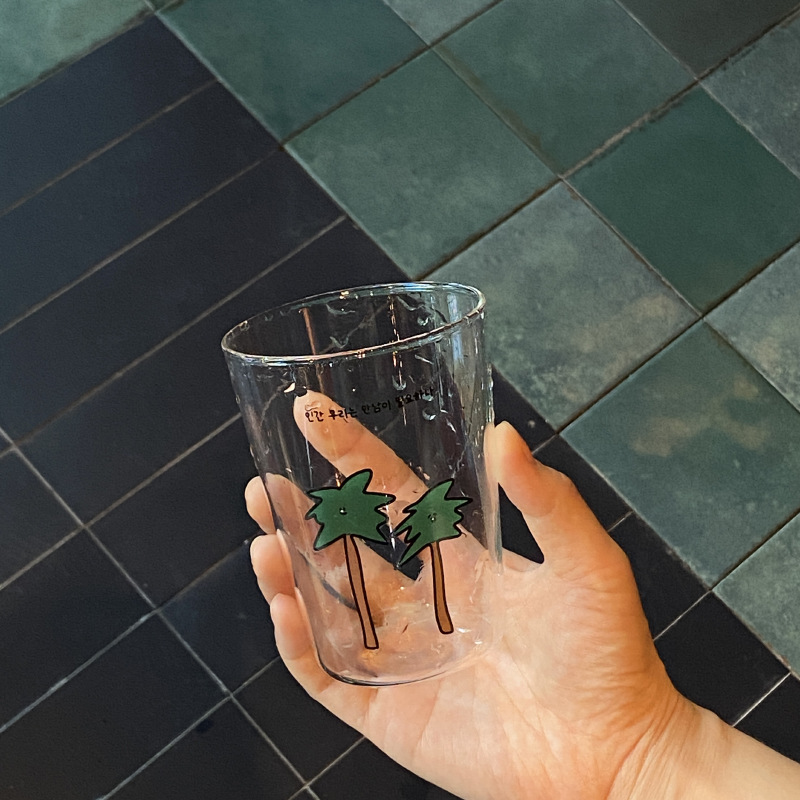 Self-made retro cartoon fun coconut tree glass cup, simple Chinese-style juice cup, cute cold drink cup, double-layered cup Specification drawing