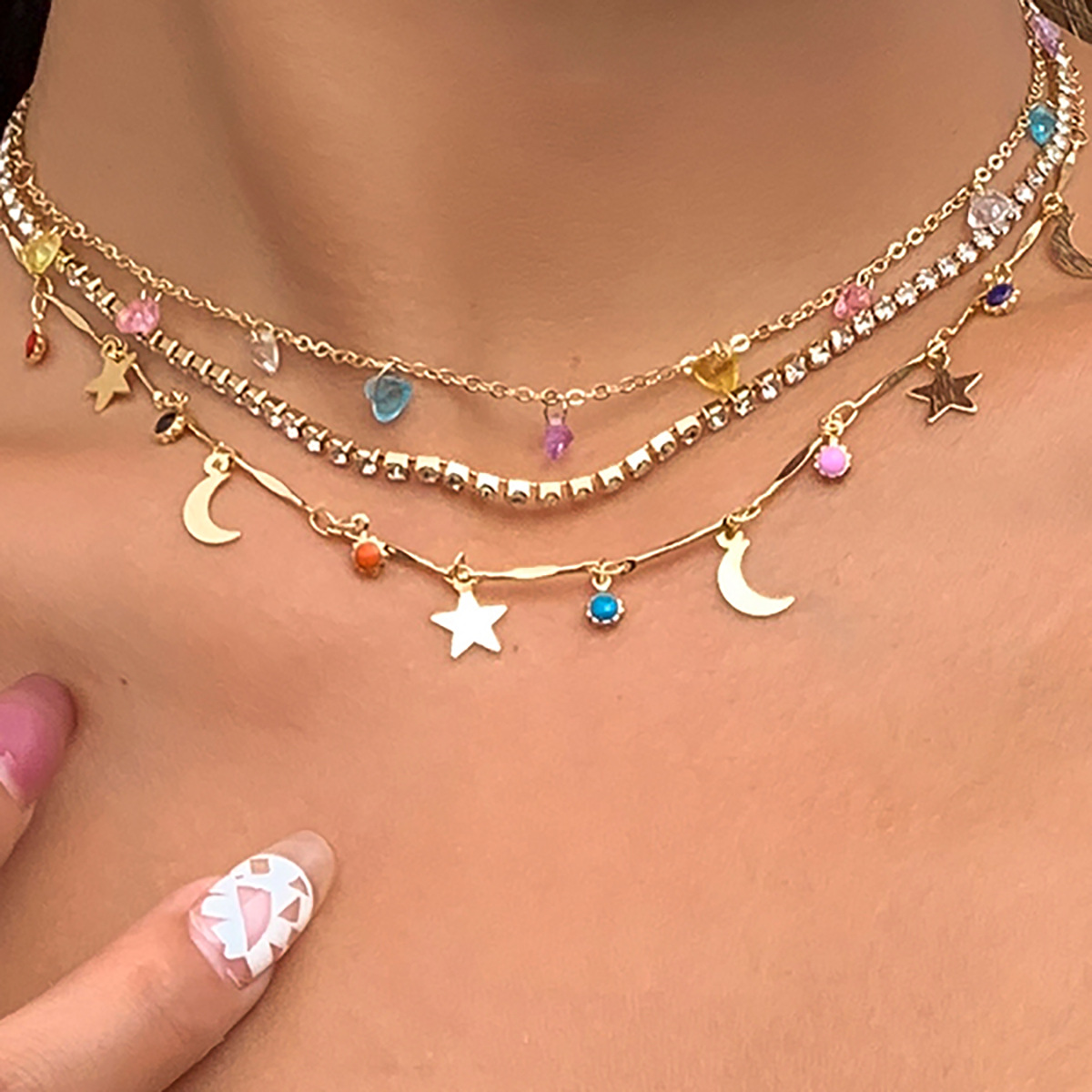 European and American cross-border jewelry, simple layering fine chain star and moon necklace, colorful crushed stone ethnic pendant tassel necklace details Picture