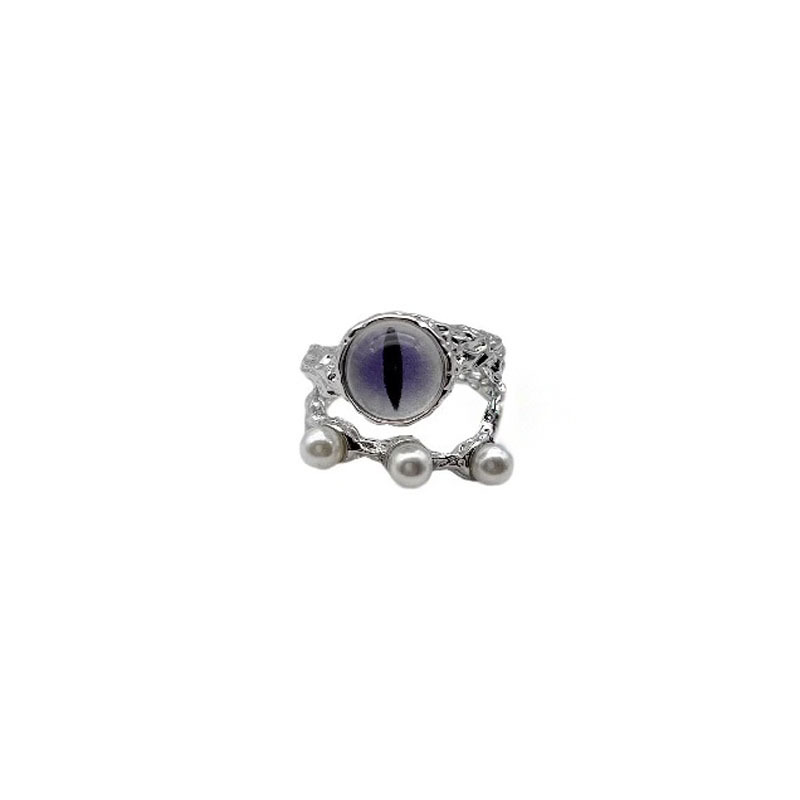 A niche dark style double-layer cat's eye pearl ring women's ins set, a niche cold style high-end open ring Item Picture