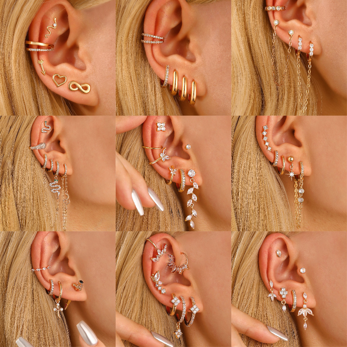 New alloy star small diamond ear clip for women, leaf flower, golden geometric pearl zircon, no ear hole, ear stud set details Picture
