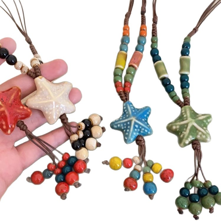 New Chinese-style colored ceramic beaded star necklace for women, Bohemian retro ethnic style long sweater chain accessory Item Picture