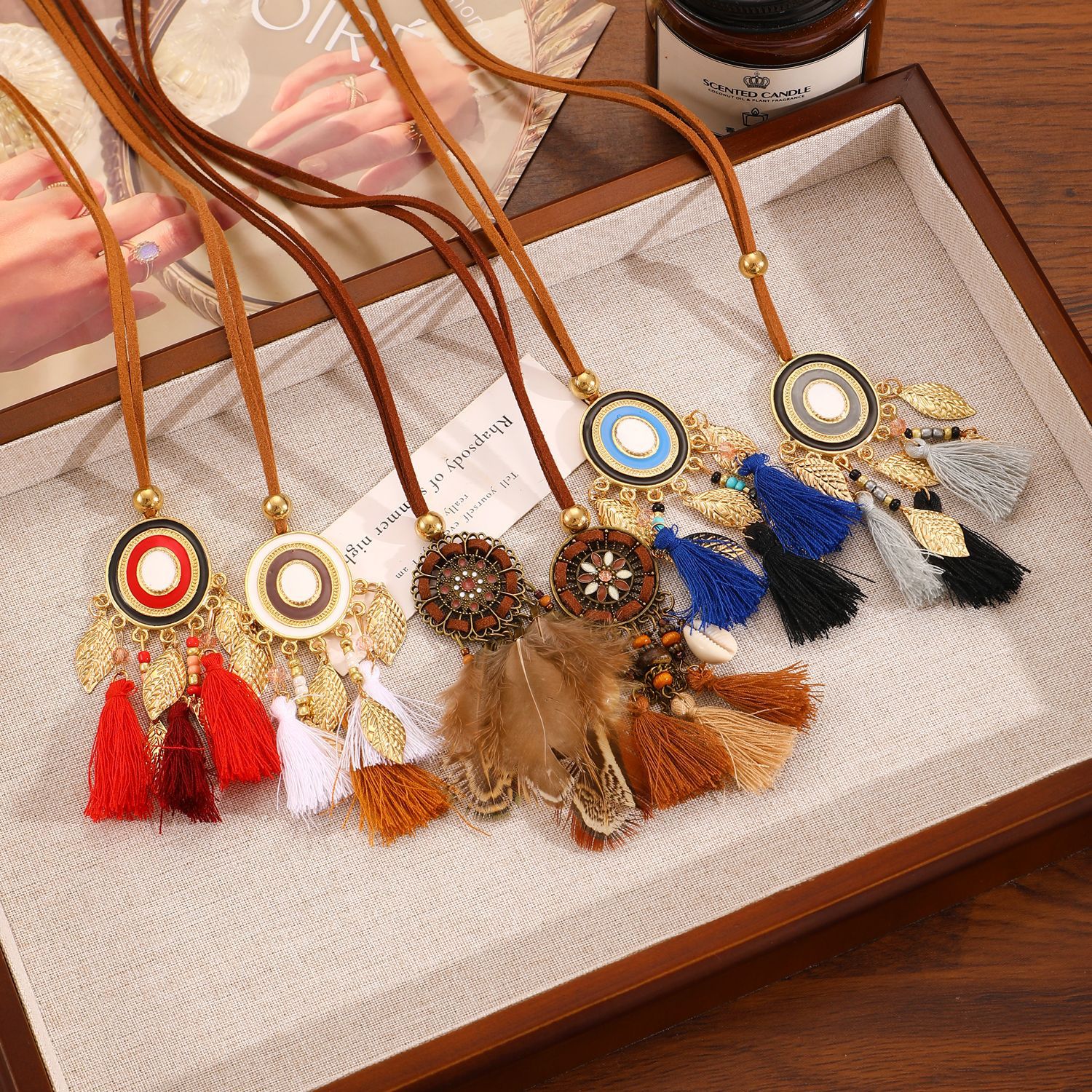 European and American cross-border personalized tassel long earrings, women's Bohemian ethnic style sweater chain necklace, autumn and winter accessories Specification drawing