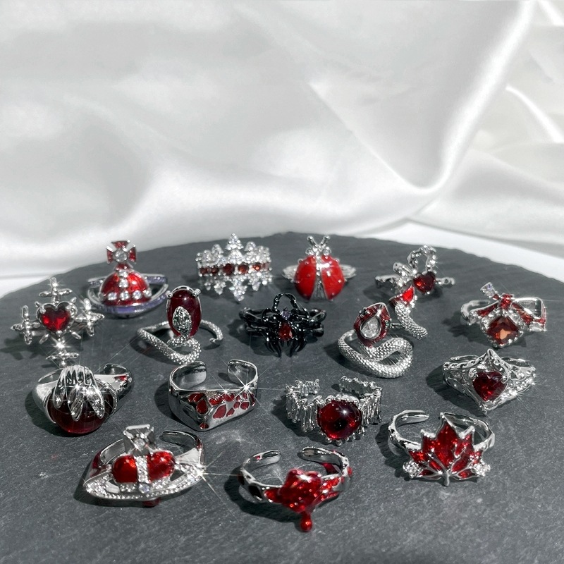 New red enamel sweet and cool punk ins cold style, fashionable and niche design, exquisite and high-end personality ring full figure