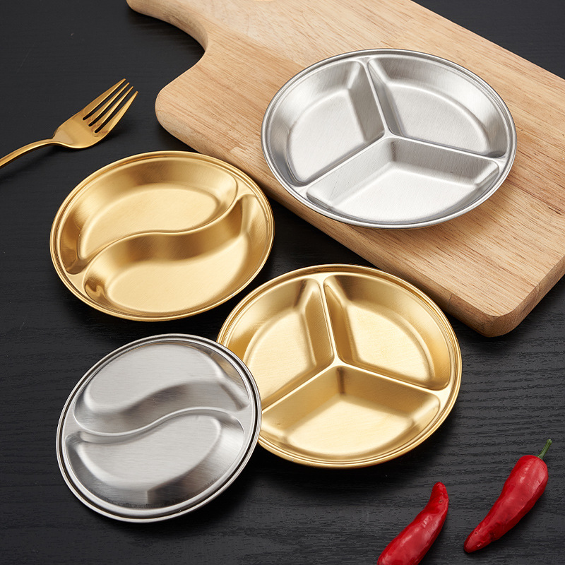 Stainless steel small round plates, side dish plates, golden seasoning plates, soy sauce plates, vinegar plates, snack plates, and compartment-divided flavor plates Application Scenario