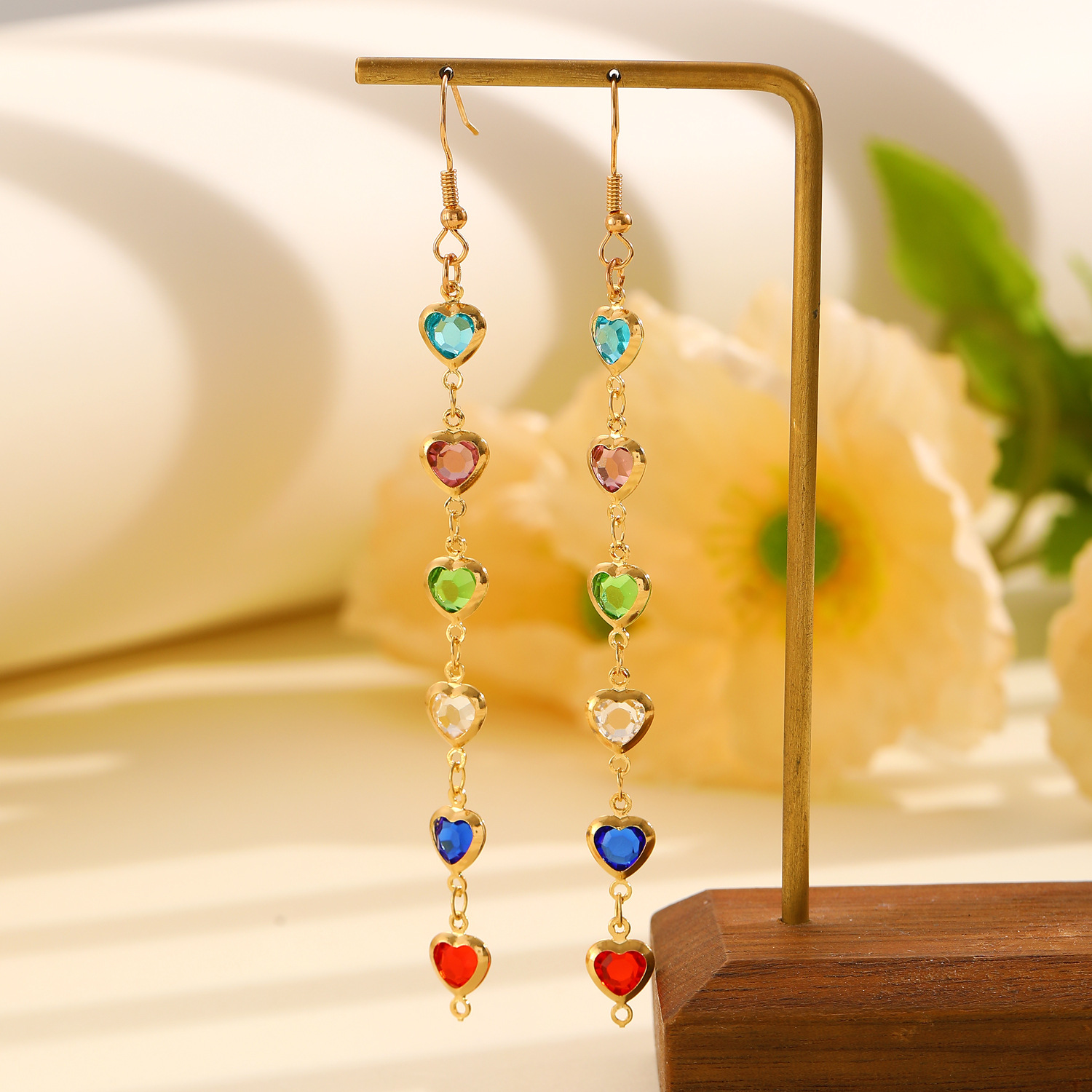 Cross-border colored water drop tassel earrings, heart-shaped fashionable colored diamond sweet long earrings, light luxury and high-end earrings for women Application Scenario
