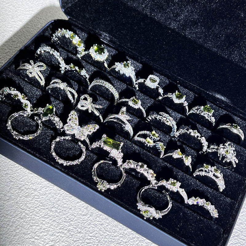 Korean-style fresh and light olive green diamond fashion ring, women's irregular bow, geometric and high-end style index finger ring Specification drawing