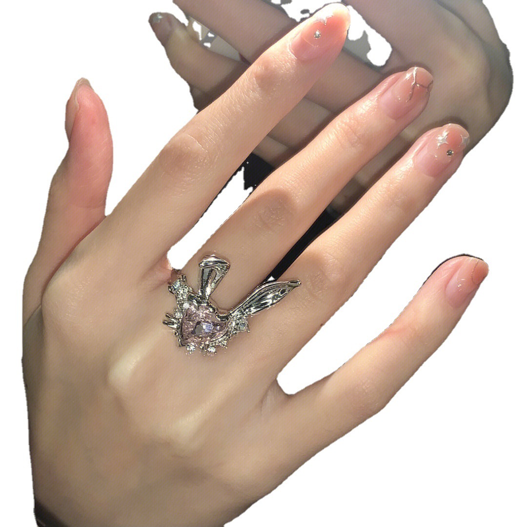 Cute, sweet, cool and playful rabbit diamond-encruted open ring, a high-end female style, sweet and girlish Korean style, versatile index finger ring Item Picture