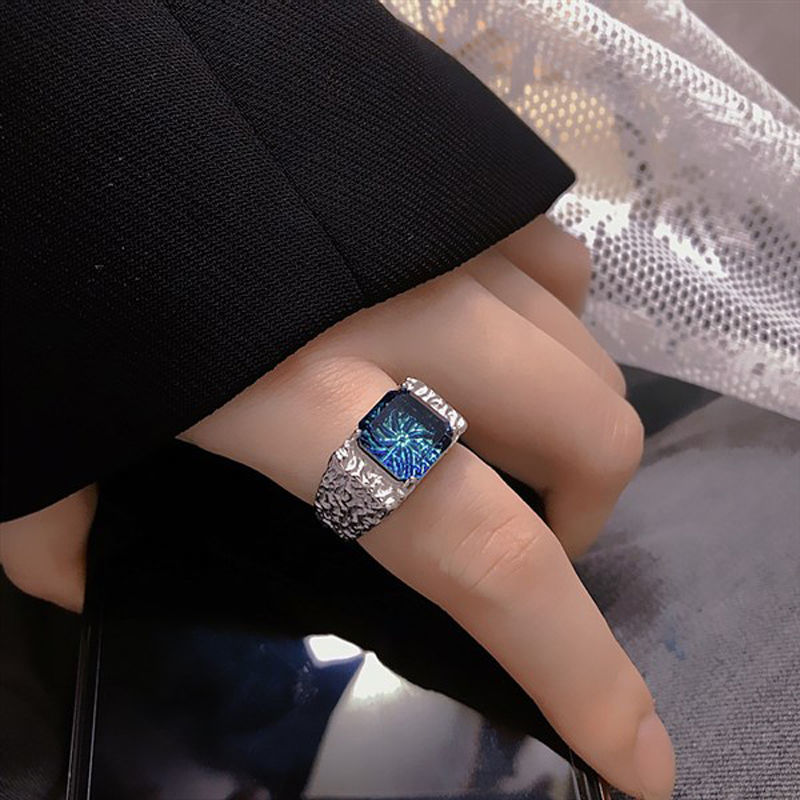 Heavy industry texture blue zircon ins cold style personalized ring, women's high-end irregular love personalized ring trend Specification drawing