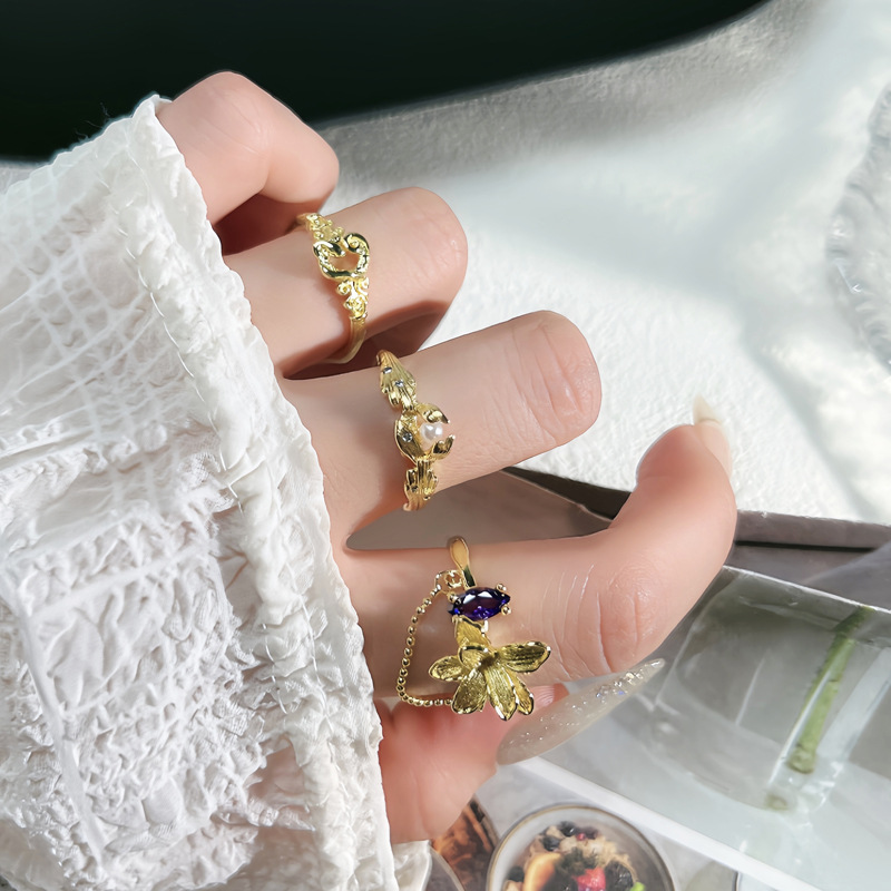 ins cold style exquisite flower tassel chain open ring for women, unique and individual brushed pearl simple ring full figure