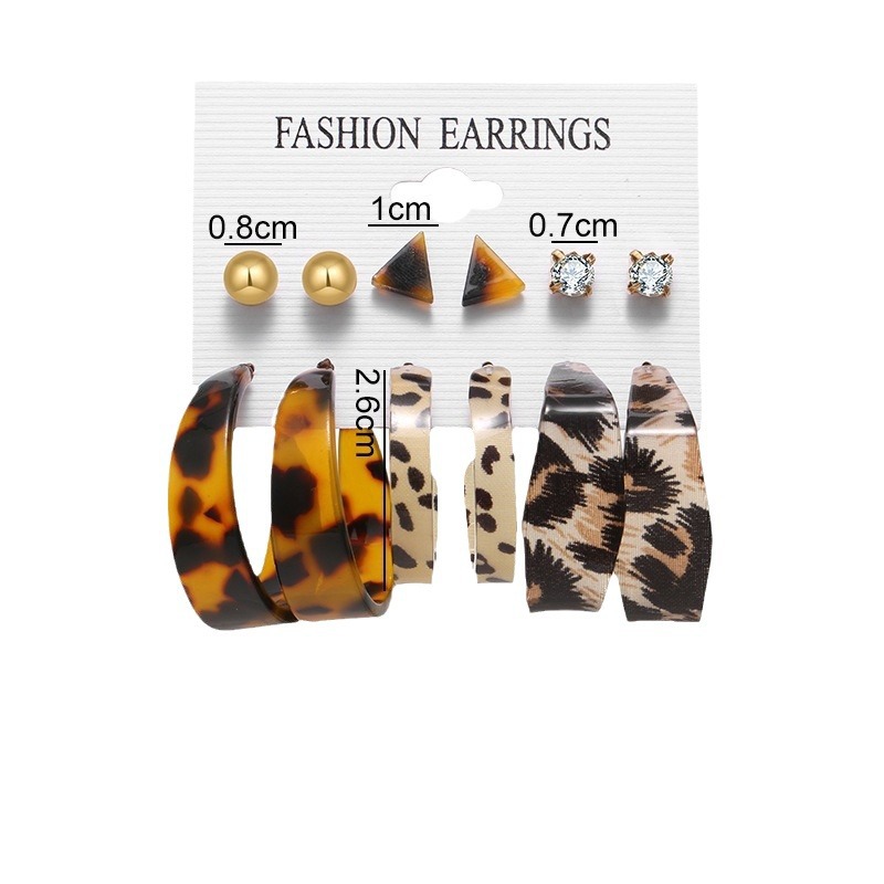A new cross-border retro C-shaped earring set of 6 pairs of creative and personalized oil-dripping leopard print earrings and heart-shaped butterfly earrings Item Picture