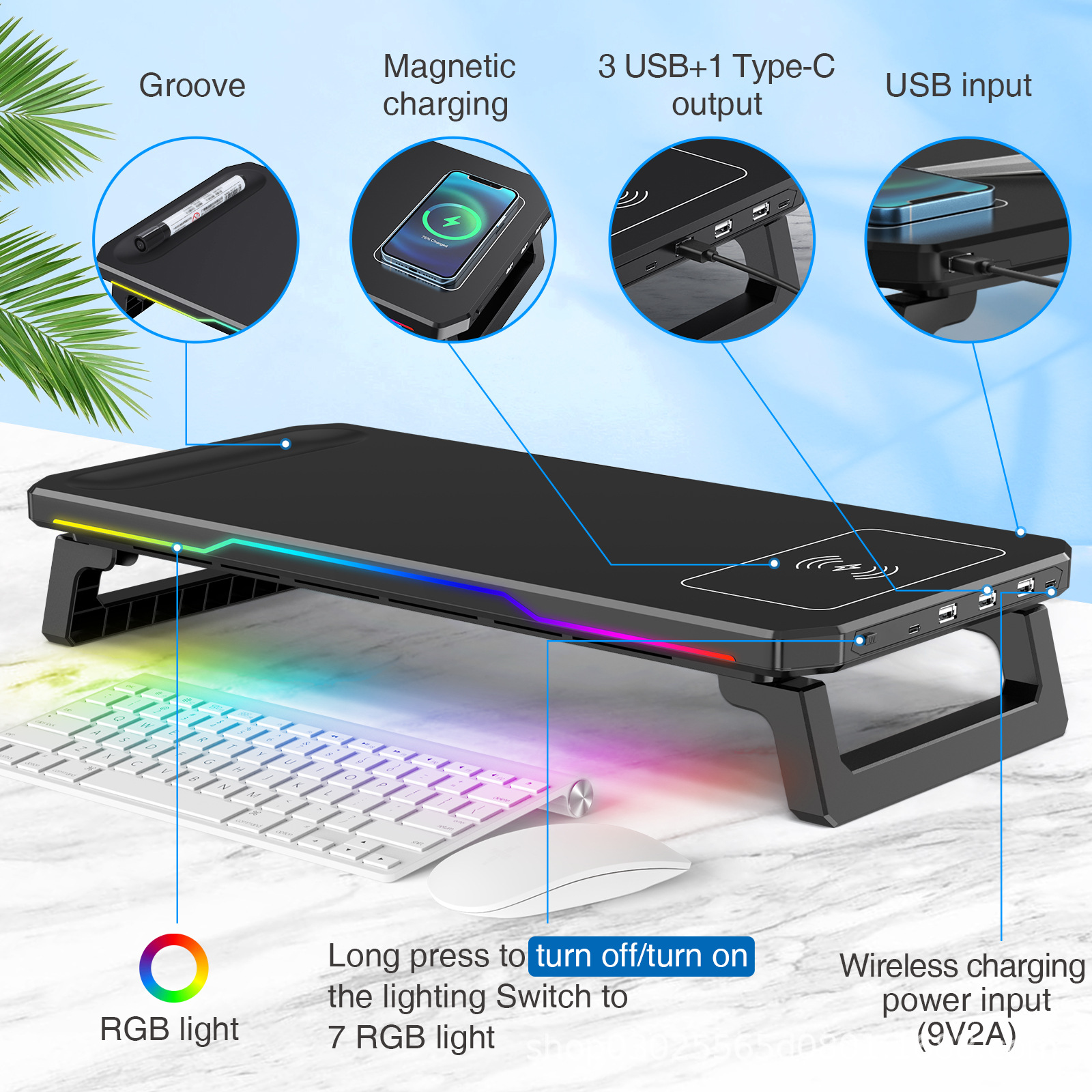 Wireless charging RGB gaming style desktop stand, expansion dock, ergonomic office display stand Specification drawing