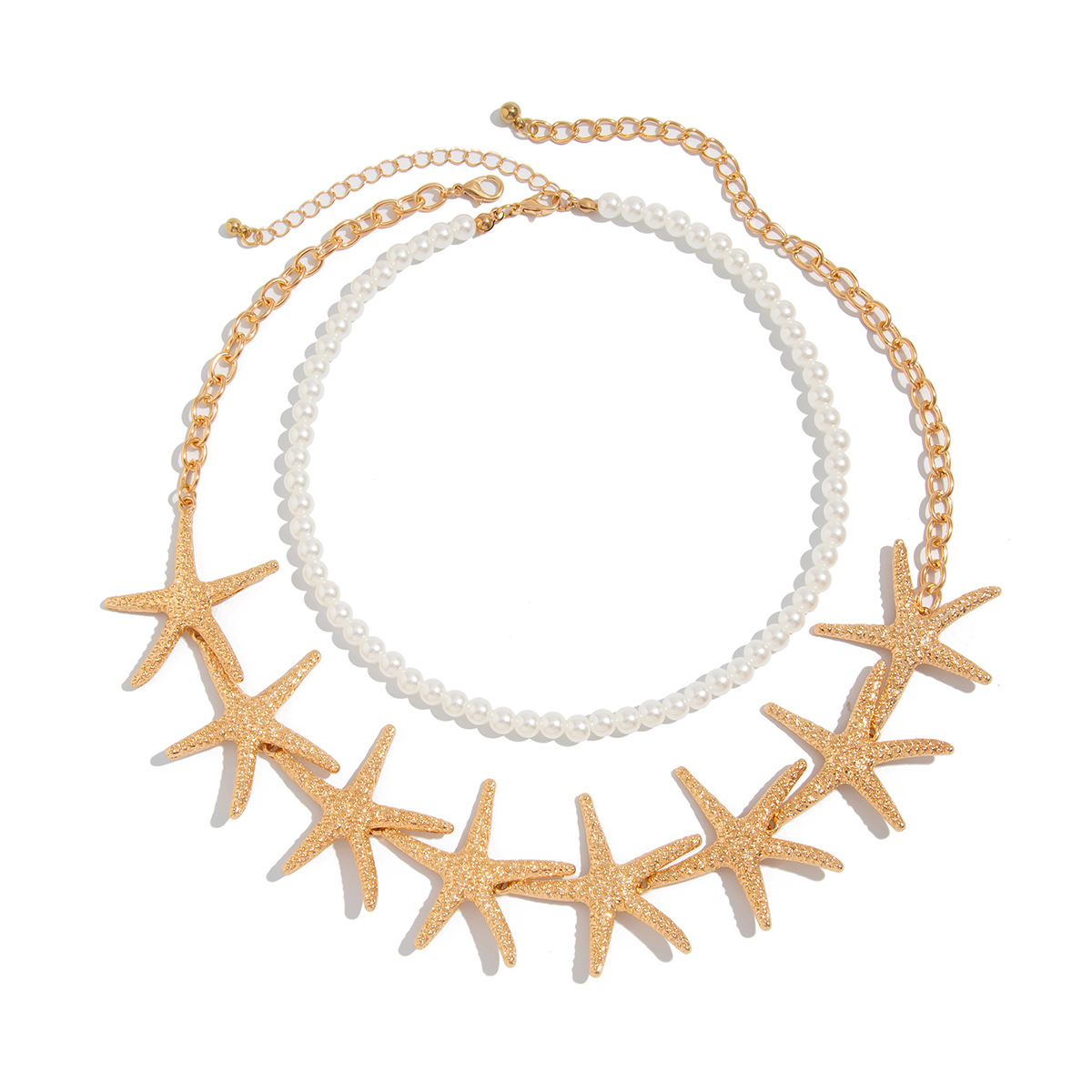 European and American cross-border accessories, sexy beach vacation metal starfish necklace, simple pearl beaded multi-layer collarbone chain Item Picture