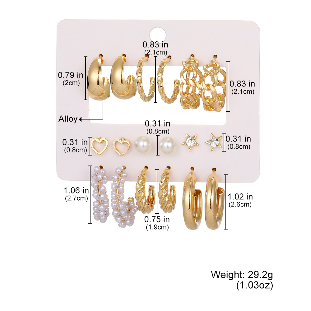 New European and American minimalist earrings, creative, individual and fashionable, large ring earrings set with rhinestones, 9 pairs of earrings for women details Picture