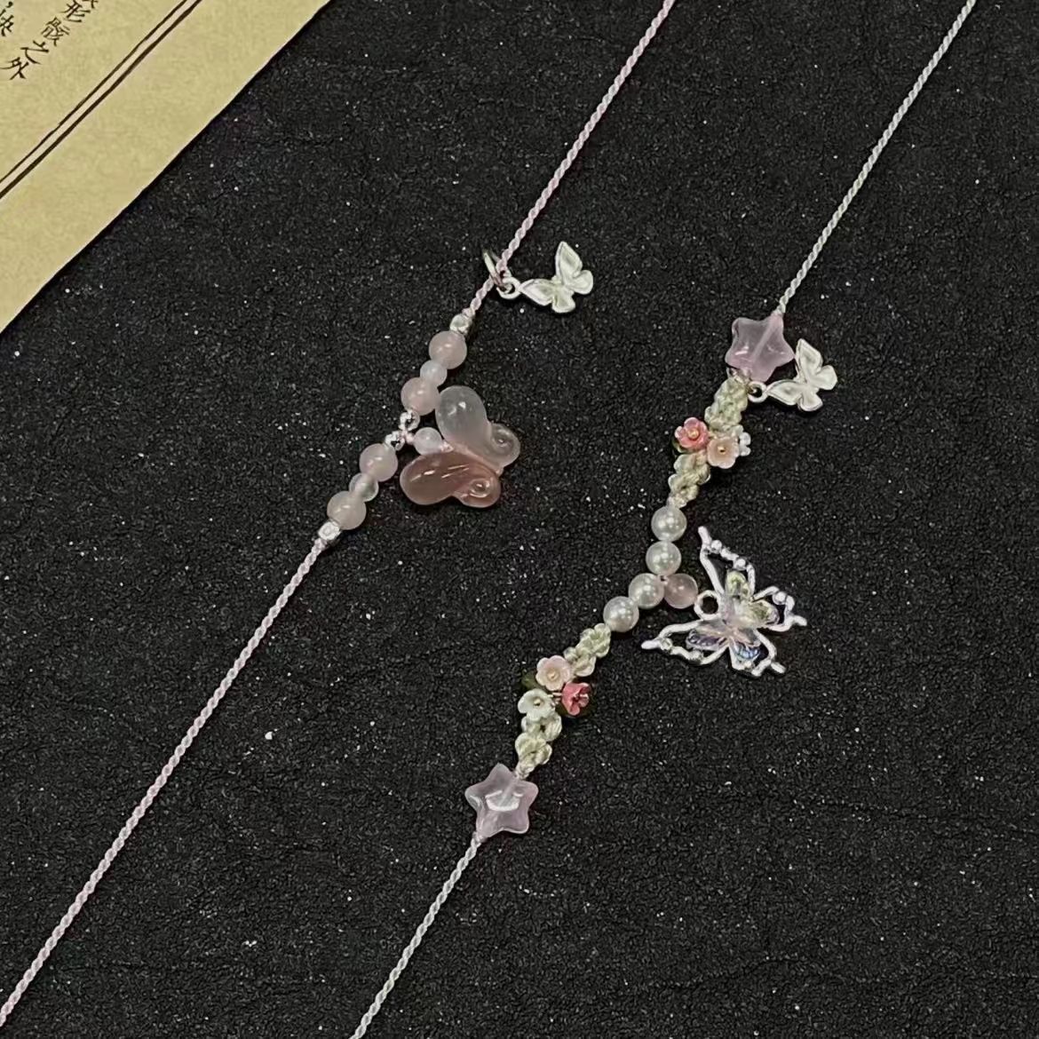 Pink little butterfly necklace, women's beaded woven necklace, new sweet and versatile style, white collarbone chain necklace full figure