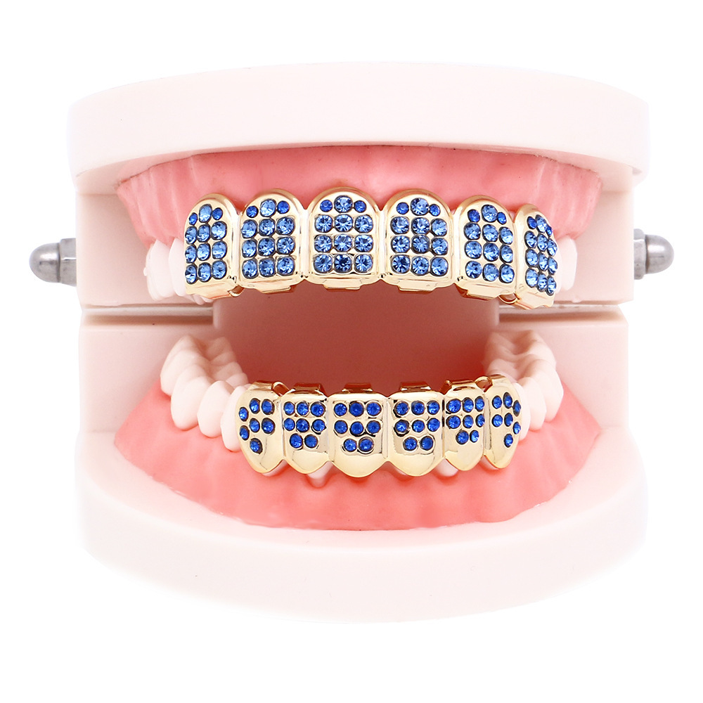 New cross-border products from Europe and America: gold-plated five-color combination hip-hop braces for men and women, multi-color diamond-encruted vampire Halloween decorations Specification drawing