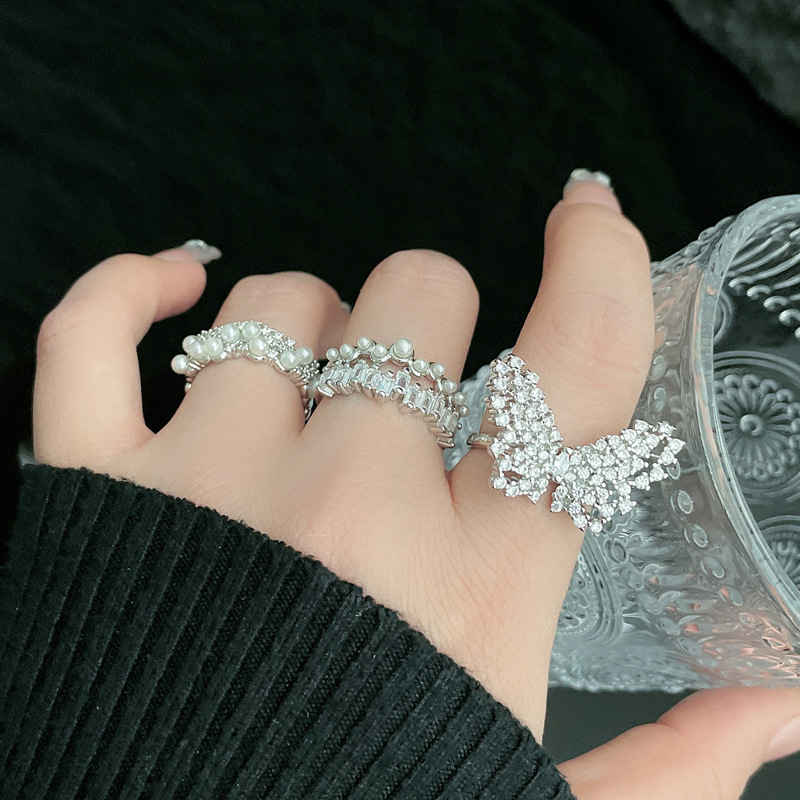 French super fairy butterfly full diamond open ring, women's Instagram cold style, high-end feel, pearl layered sweet and cool index finger ring Specification drawing