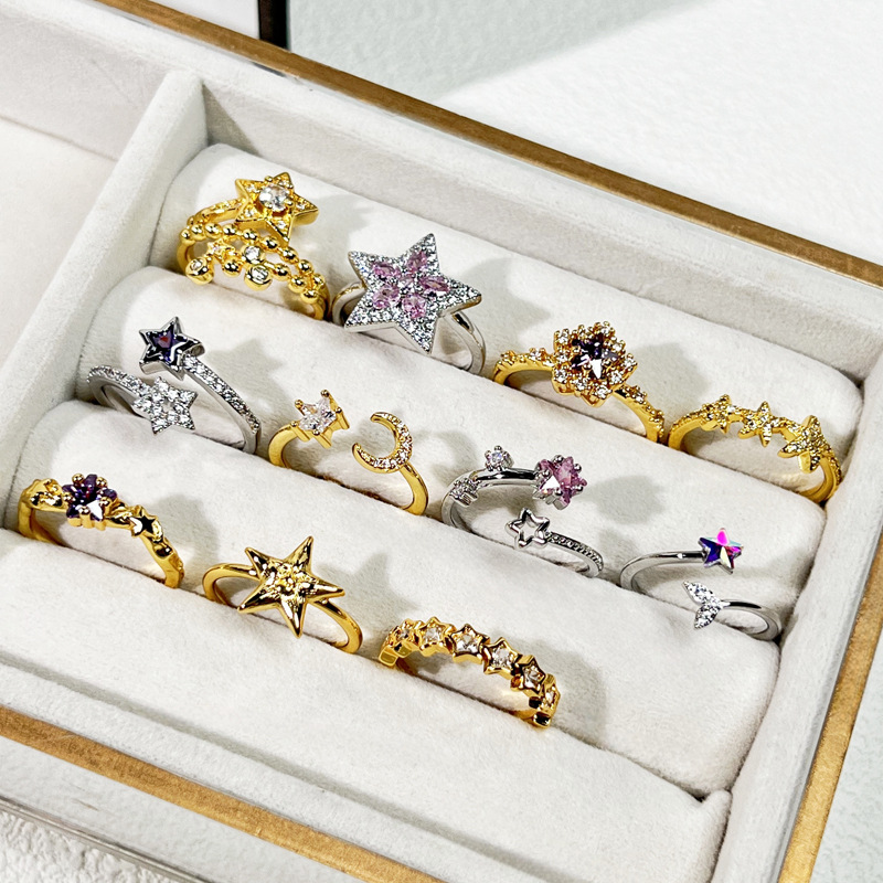 Korean version sweet and cool, exquisite pink and purple diamond star fashion open ring, female five-pointed star personality and temperament cold style ring Application Scenario