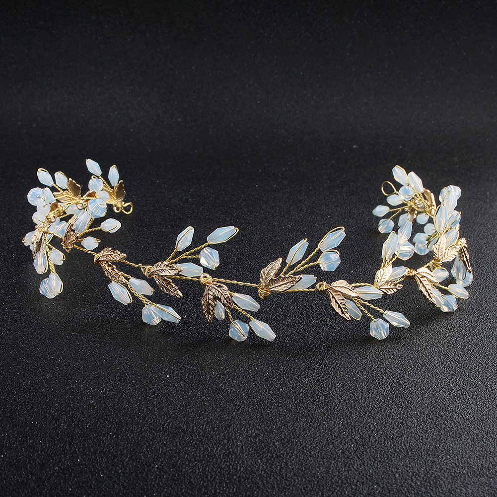Cross-border new hair accessory alloy leaf bride headband, European and American bride wedding dress headband, jelly-colored crystal headband for girls Specification drawing