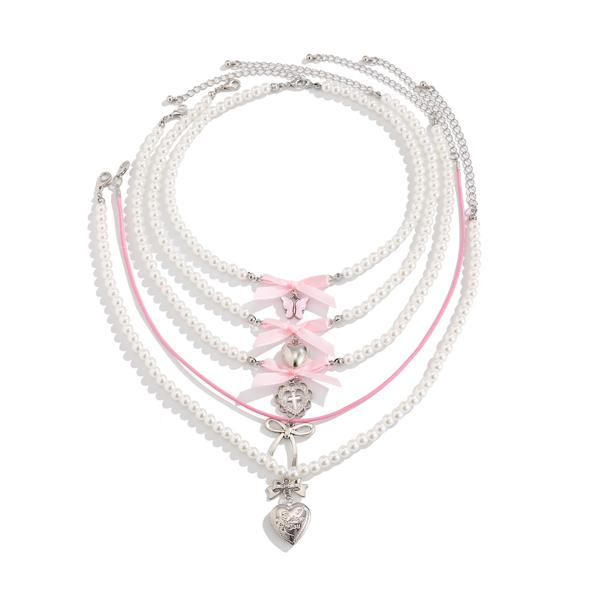 European and American cross-border jewelry, sweet style heart-shaped alloy pendant necklace, cute pearl beaded collarbone chain, multiple layers Item Picture