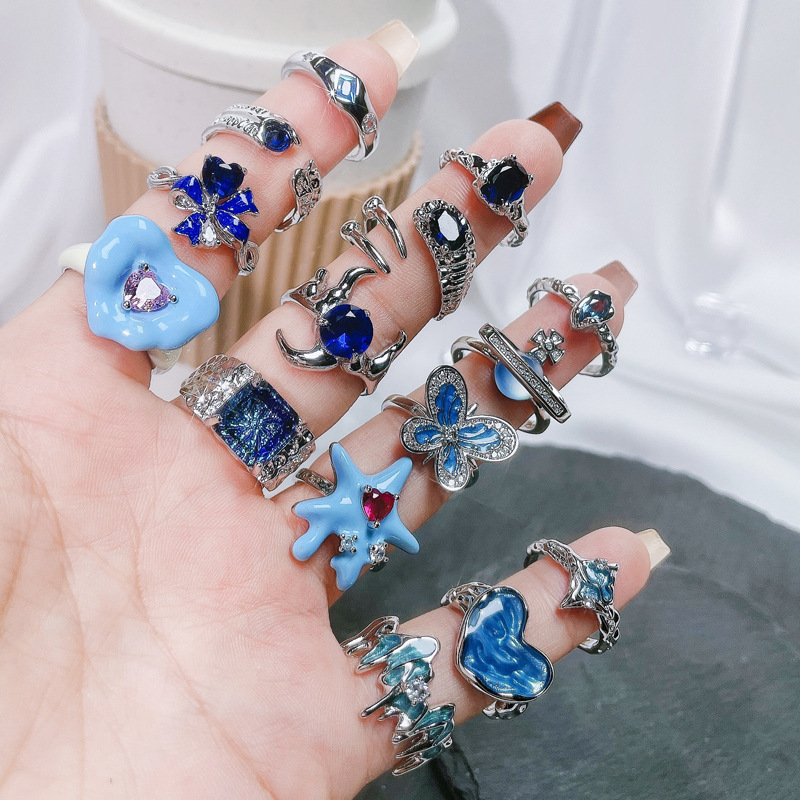 The unconventional irregular blue series of ring rings for women is simple, elegant, fashionable and versatile. Open ring Y2K Autumn and winter accessories details Picture