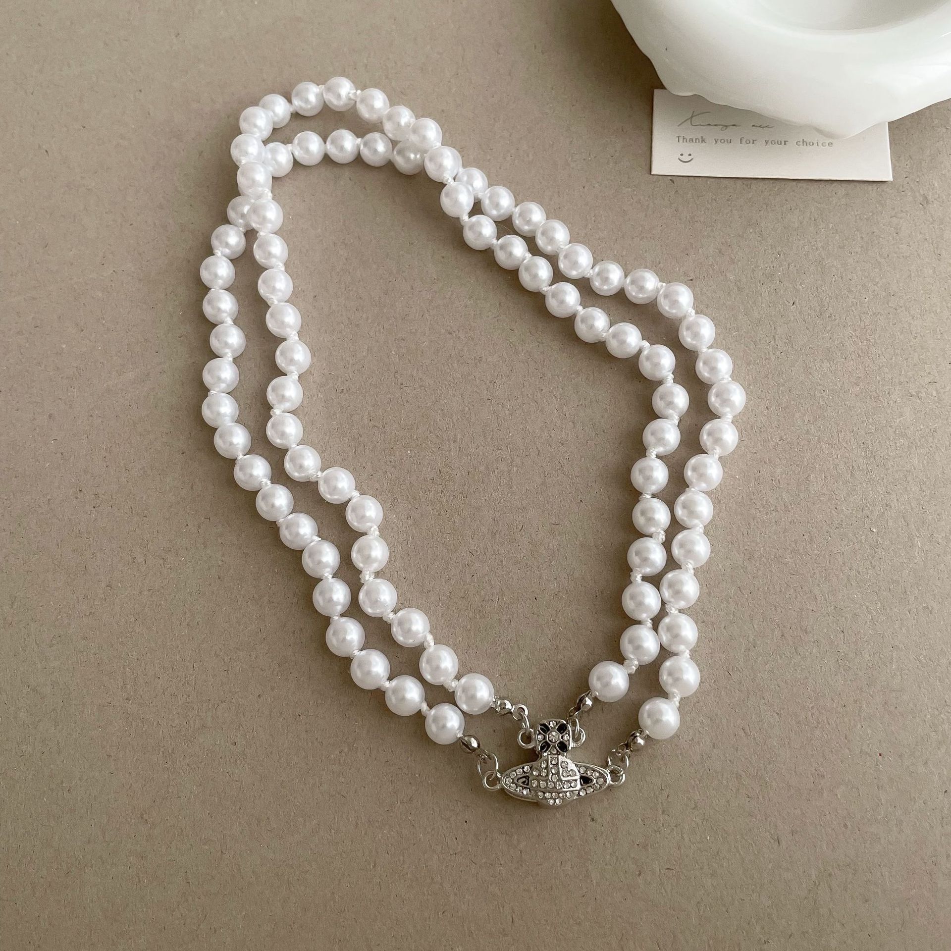 Saturn Planet Double-layer pearl magnetic necklace for women, a light luxury and fashionable multi-layer niche neckchain and collarbone chain details Picture