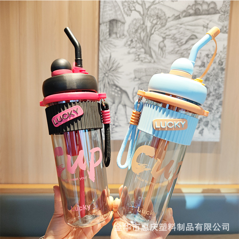 Cross-border e-commerce double-drinking straw tea strout, plastic water cup, portable handle, student female car office, creative water bottle details Picture